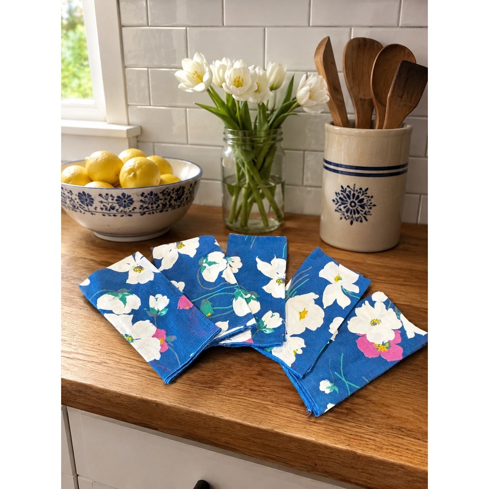 Vintage Floral Napkins Blue White Pink Set of 5 Botanical Cottagecore 16x15.5